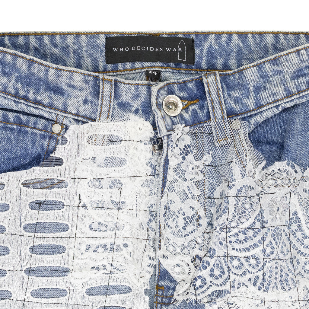 BLUE GRID LACE STRAIGHT-FIT JEANS