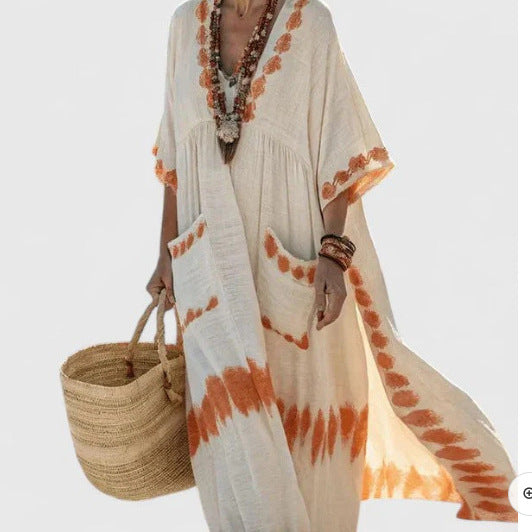 Women's Boho Striped V-Neck Patch-Pocket Kaftan Maxi Dress