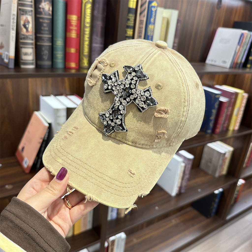 Rhinestone Cross Distressed Washed Denim Baseball Cap Multi‑Color