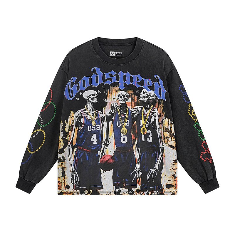 Godspeed Washed Black Graphic Long-Sleeve T-Shirt