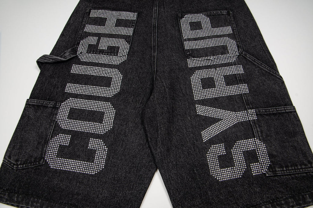 THAT'S A AWFUL LOT OF COUGH SYRUP Rhinestone Washed Denim Shorts