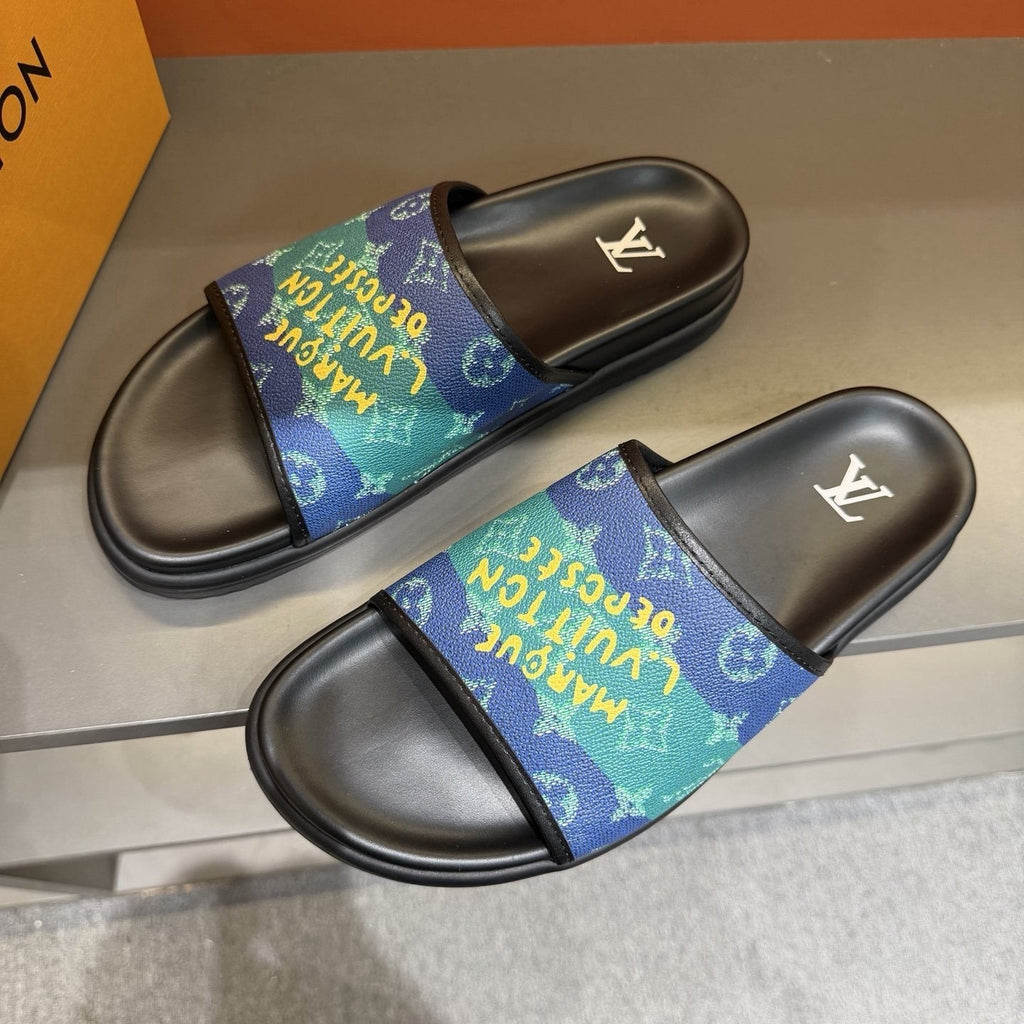 Louis Vuitton Blue & Green Printed Slide Sandals
