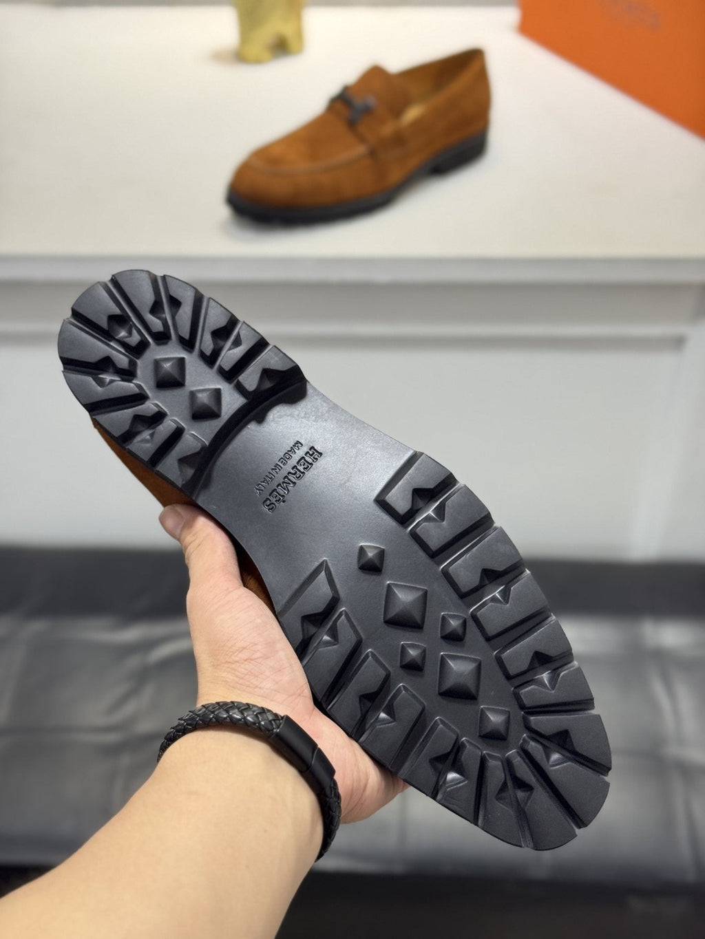 Hermès Men's Brown Leather Lug-Sole Loafers