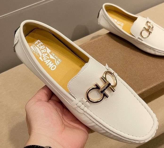 Ferragamo Men's White Hardware Loafers